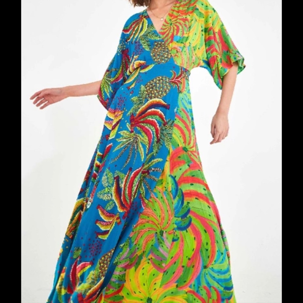 Farm Rio Banana Mix Wrap Dress in Blue Multi Medium